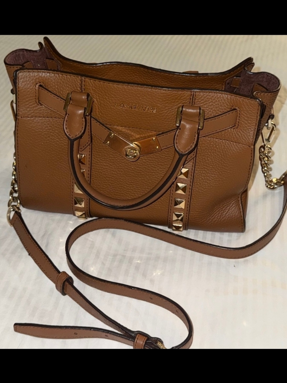 MICHAEL Michael Kors Tan Pebbled Leather Satchel with Gold Studs